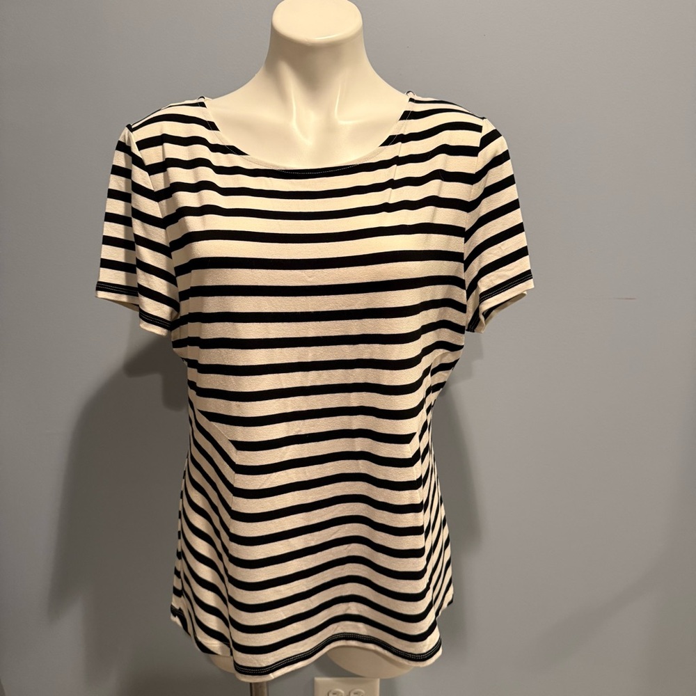 Talbots Black Ivory Striped Knit Top Short Sleeve Stretch Size XL